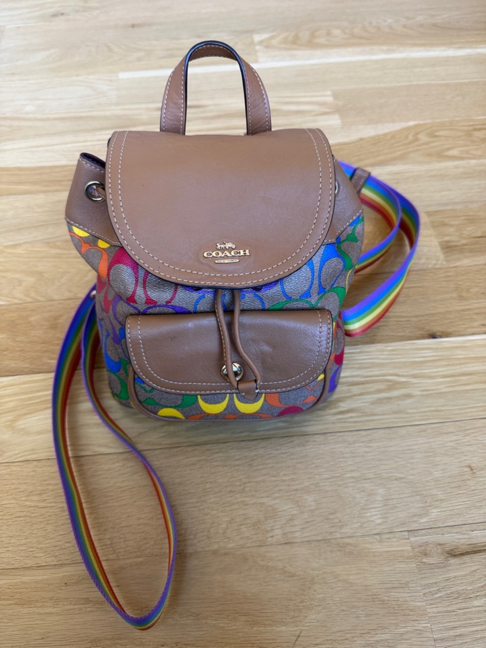 Coach Rainbow Signature Pennie Mini Backpack with Brown Leather Trim